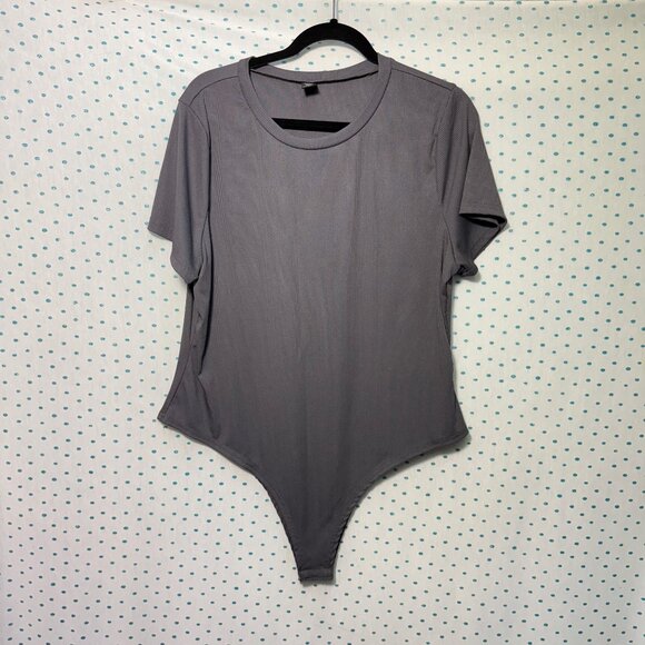 SHEIN Curve Gray Ribbed Short Sleeve Round Neck Stretch Body Suit - Picture 1 of 4